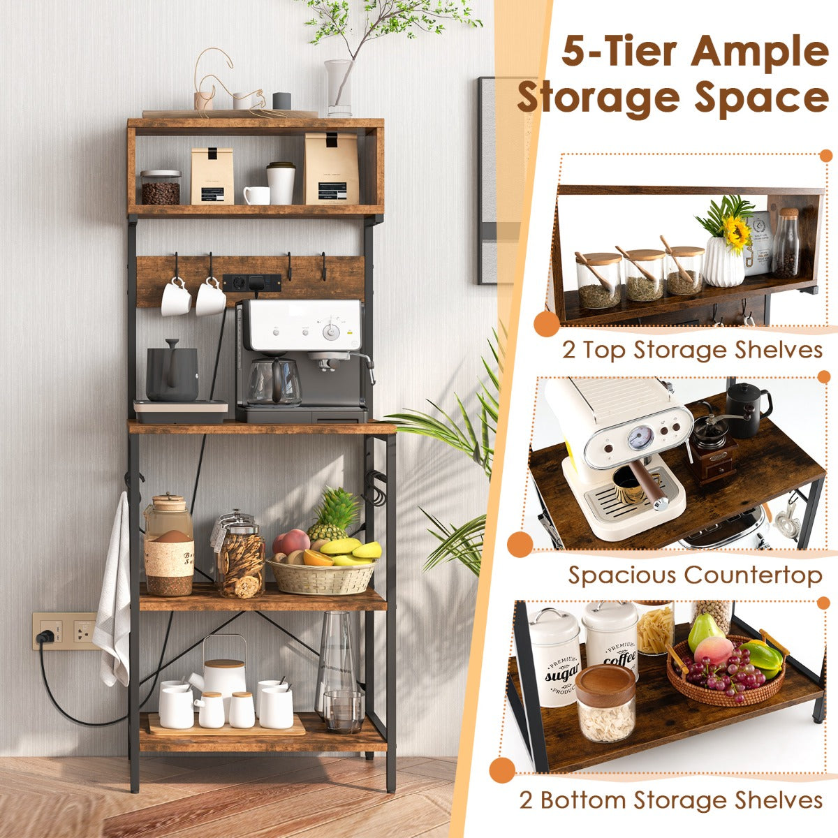 LIVSK Keukenrek met Stopcontacten - 4 Open Planken - 10 Afneembare Haken - Duurzaam Metalen Frame - 60 x 42 x 153 cm - Rustiek