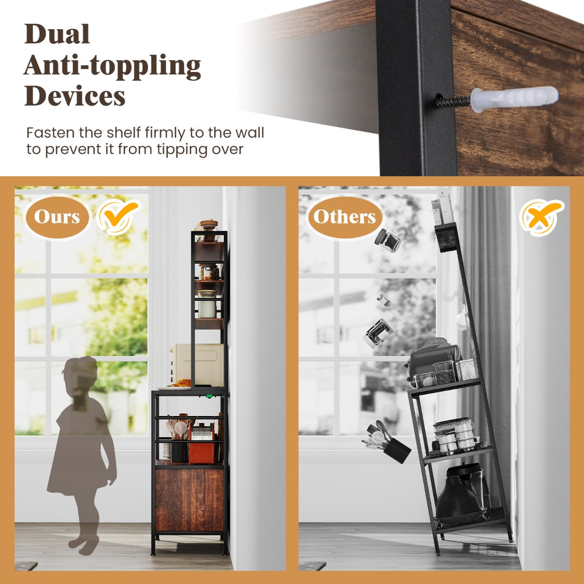 LIVSK Keukenplank met Stopcontacten en Wijnrek - Roestbestendig Metaal - Open Schappen en Kastje - 80 x 40 x 170 cm -