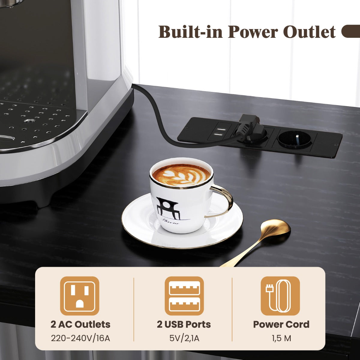 LIVSK Keukenplank met Stopcontacten en Opbergruimte - Robuust Metalen Frame - Haken en Flessenhouders - 80 x 40 x 170 cm -