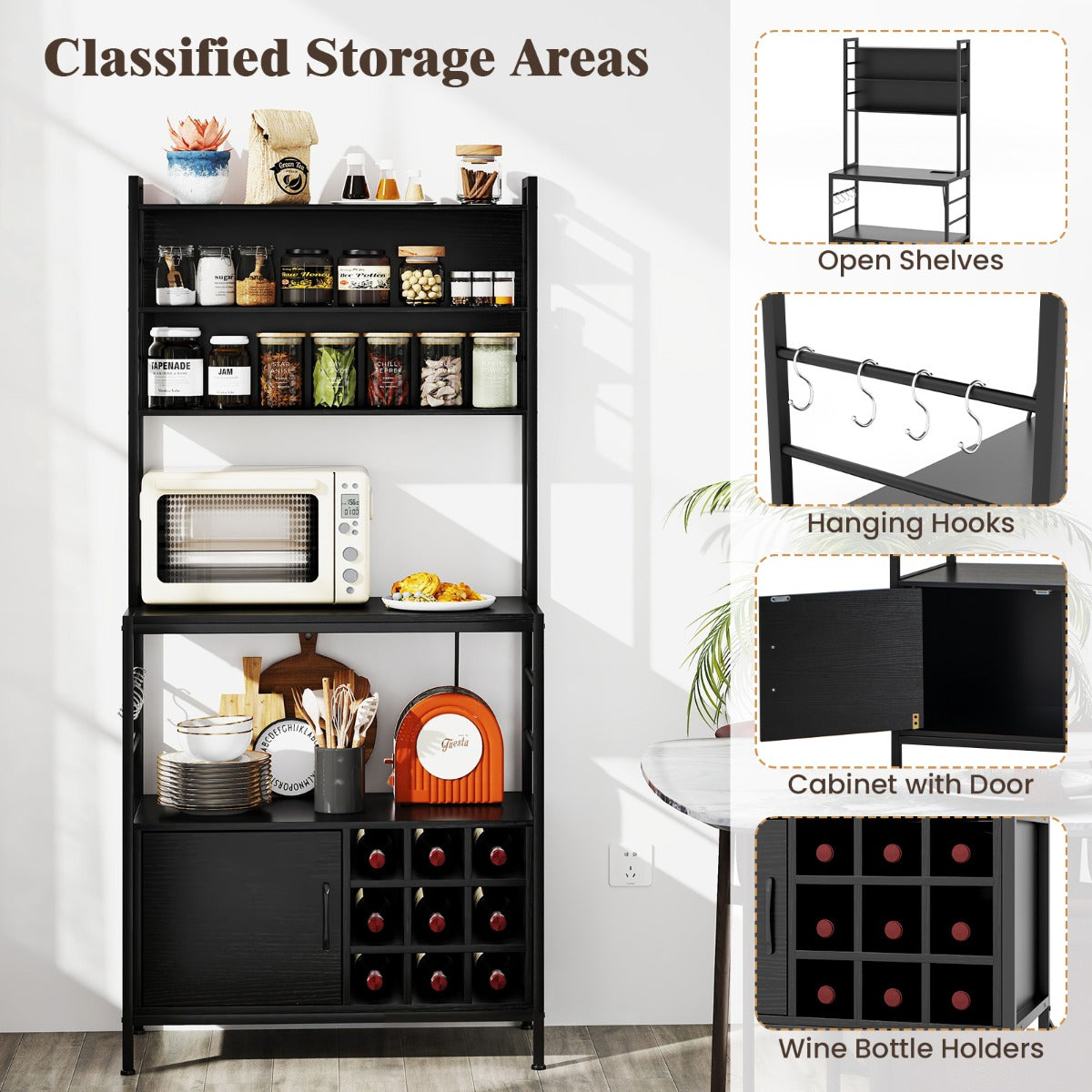 LIVSK Keukenplank met Stopcontacten en Opbergruimte - Robuust Metalen Frame - Haken en Flessenhouders - 80 x 40 x 170 cm -