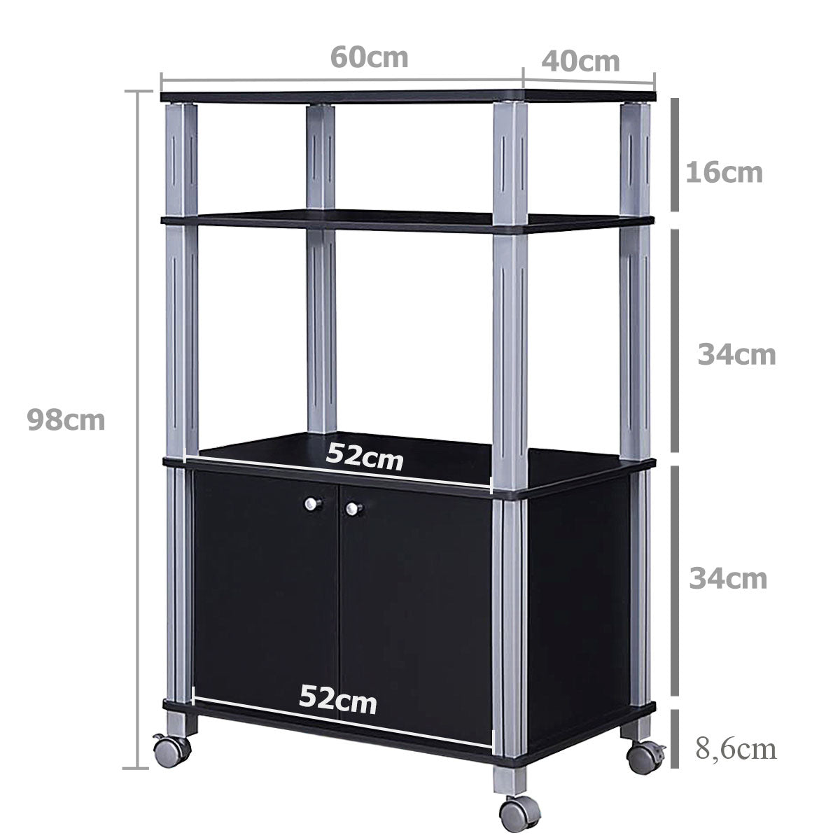 LIVSK Keukenplank met Deuren - Grote Opbergruimte - Duurzaam MDF en Kunststof - Met Wielen - 60 x 40 x 98 cm - Zwart