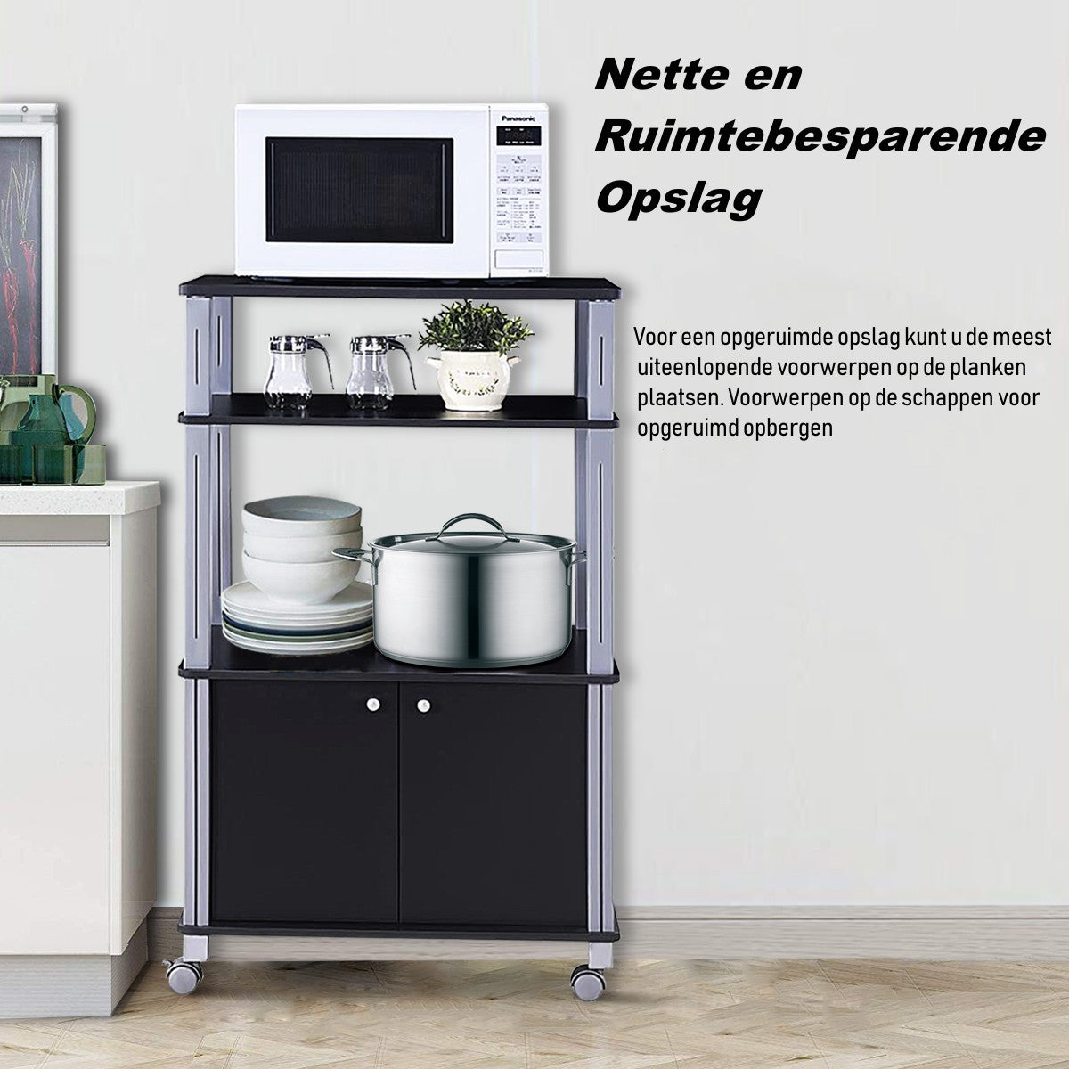 LIVSK Keukenplank met Deuren - Grote Opbergruimte - Duurzaam MDF en Kunststof - Met Wielen - 60 x 40 x 98 cm - Zwart