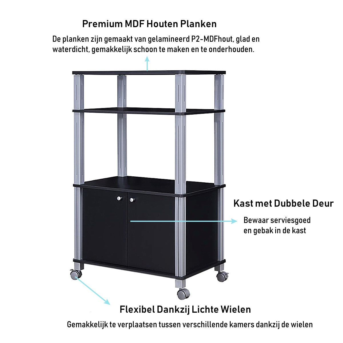 LIVSK Keukenplank met Deuren - Grote Opbergruimte - Duurzaam MDF en Kunststof - Met Wielen - 60 x 40 x 98 cm - Zwart