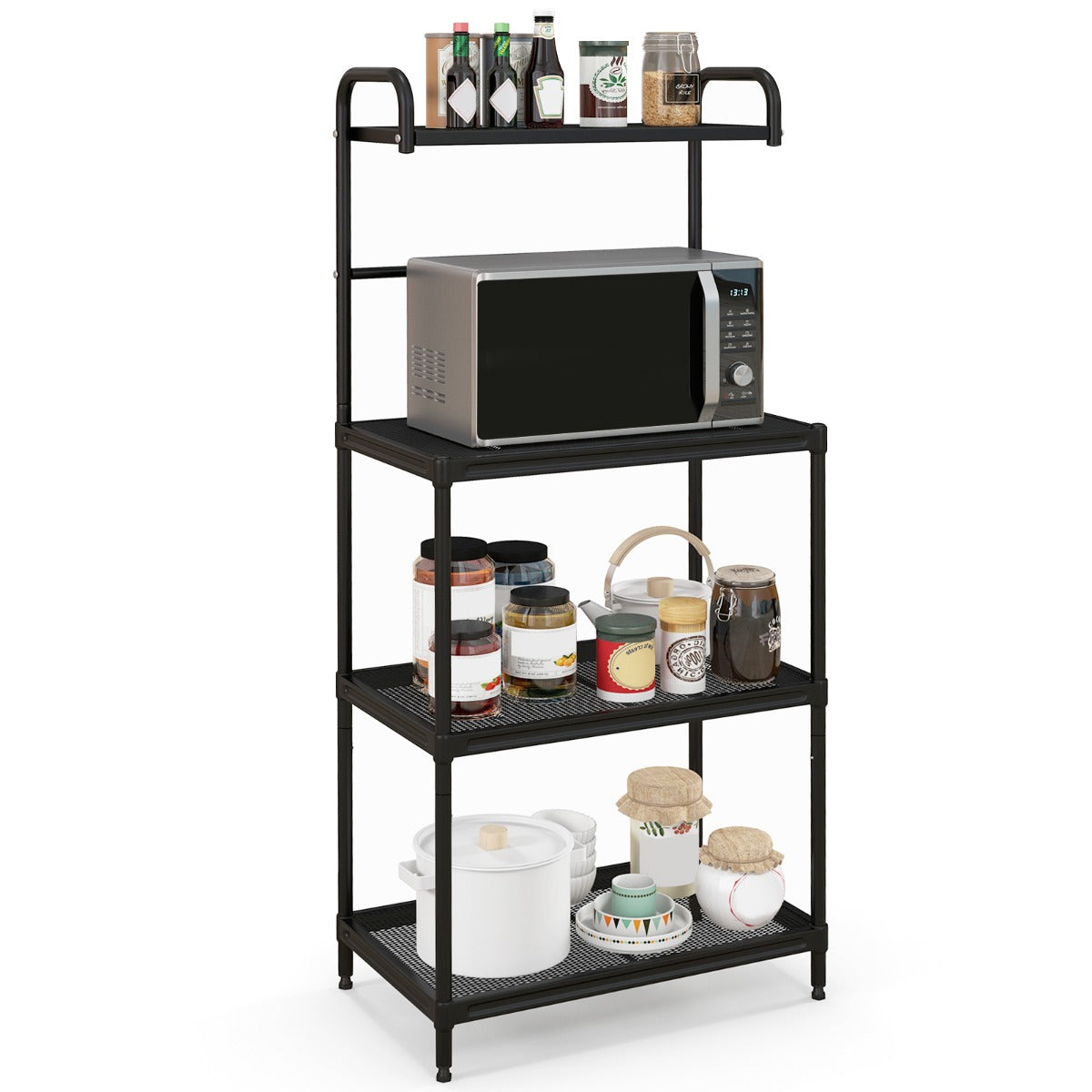 LIVSK Multifunctionele Opbergplank - 4 Laags - Stevig Metalen Frame - Verstelbare Poten - Tot 25 kg per Laag - Zwart