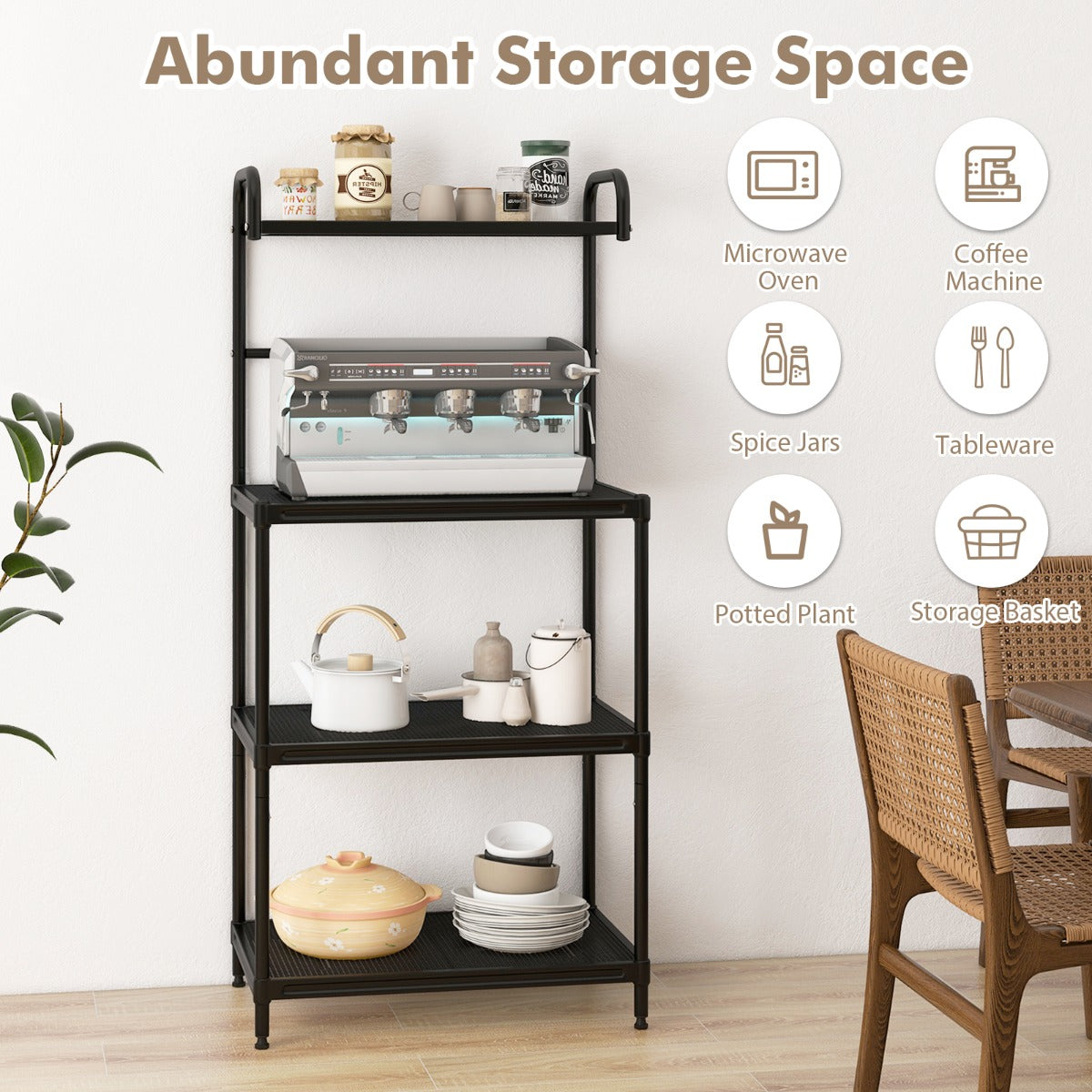LIVSK Multifunctionele Opbergplank - 4 Laags - Stevig Metalen Frame - Verstelbare Poten - Tot 25 kg per Laag - Zwart