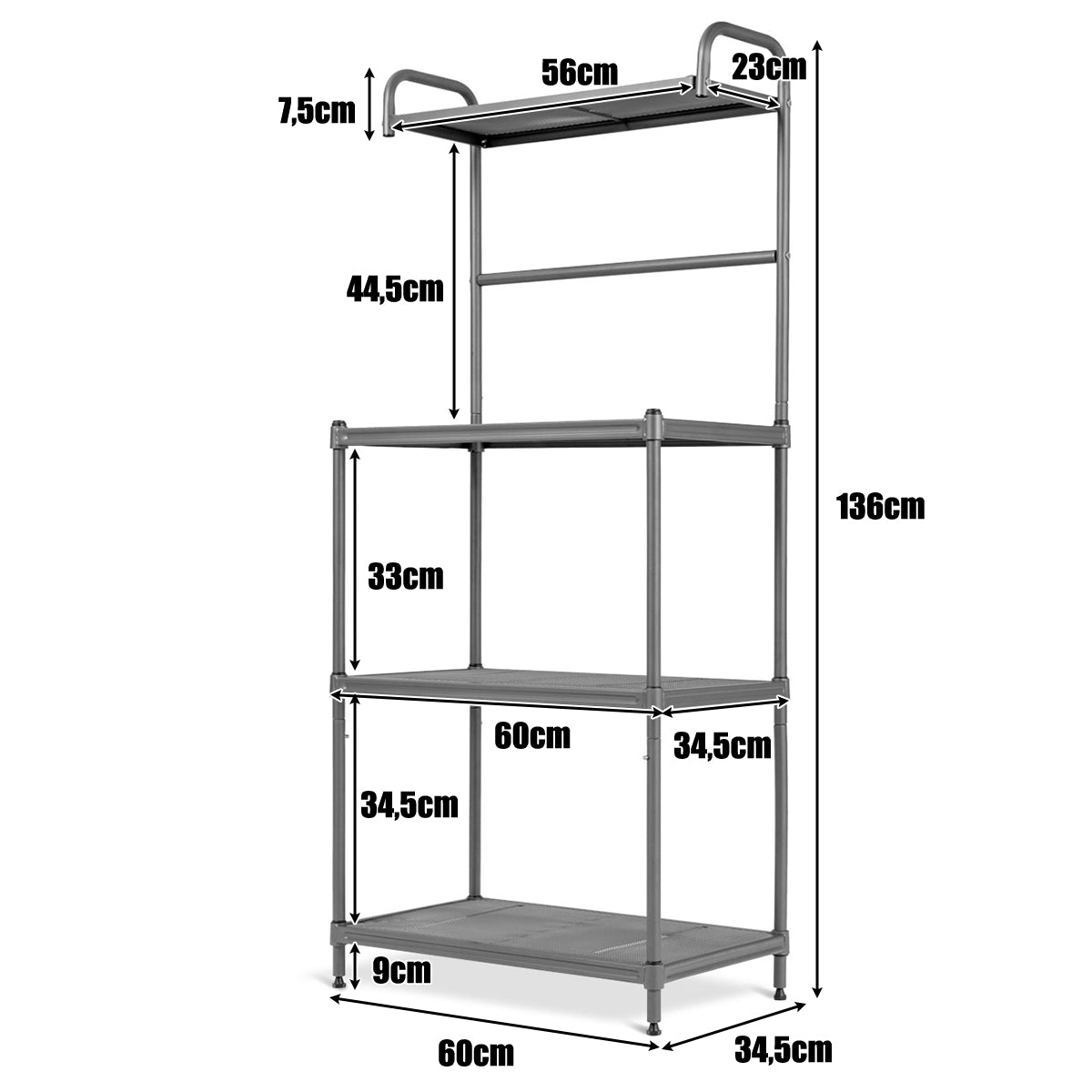 LIVSK multifunctionele opbergplank - 4 niveaus - 25 kg per niveau - Roestbestendig - Verstelbare poten - 60 x 34,5 x 136 cm -