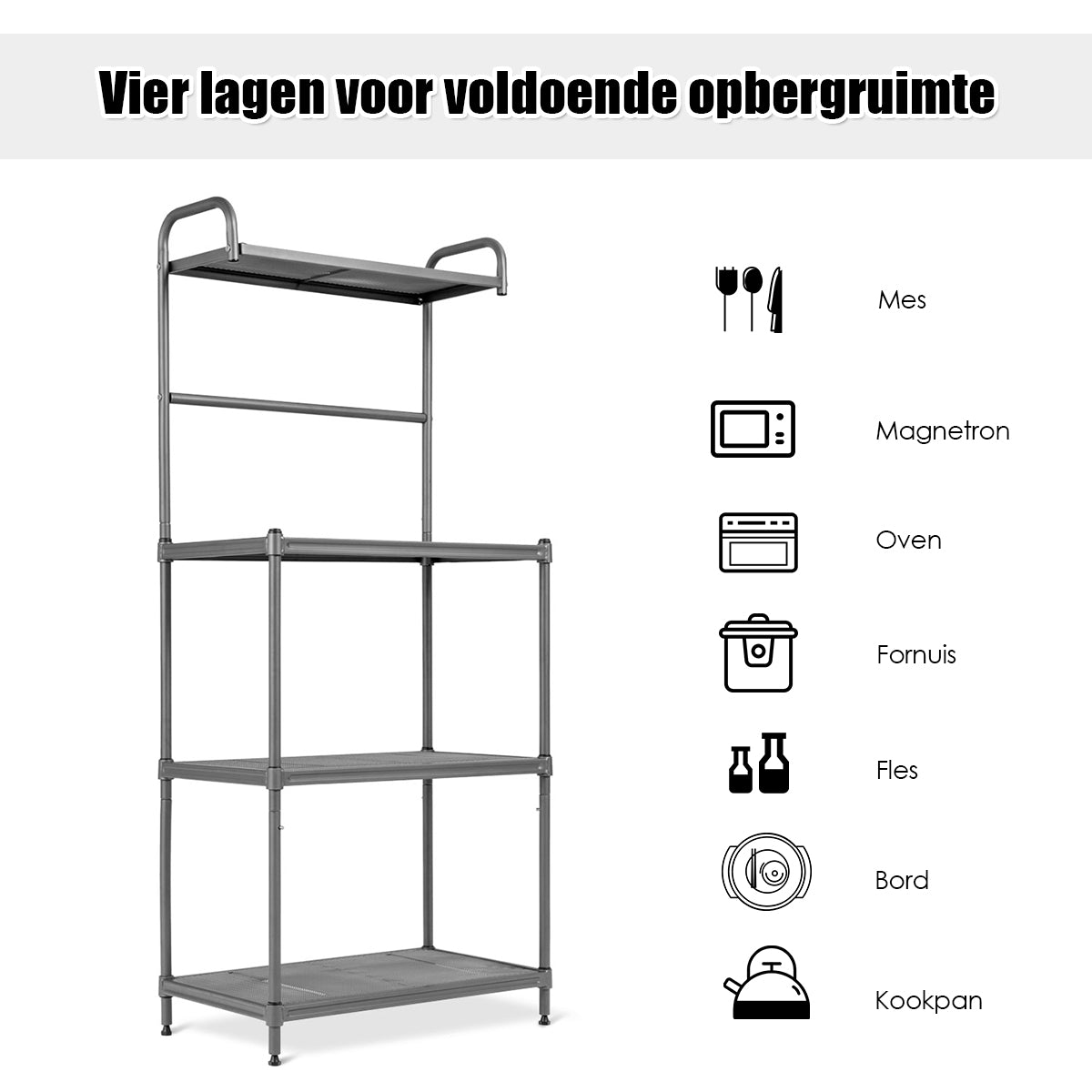 LIVSK multifunctionele opbergplank - 4 niveaus - 25 kg per niveau - Roestbestendig - Verstelbare poten - 60 x 34,5 x 136 cm -