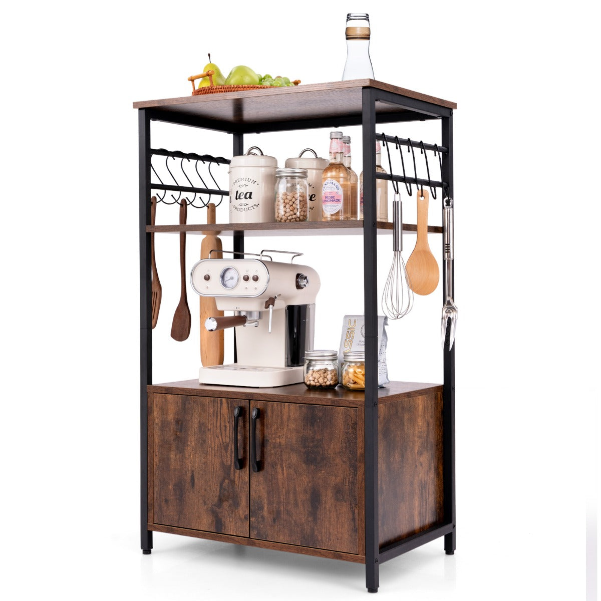 LIVSK Keukenblok met Open Schappen - 2 Ruime Planken - Grote Kast - 10 'S'-haken - Stevig Gelamineerd Hout - Bruin