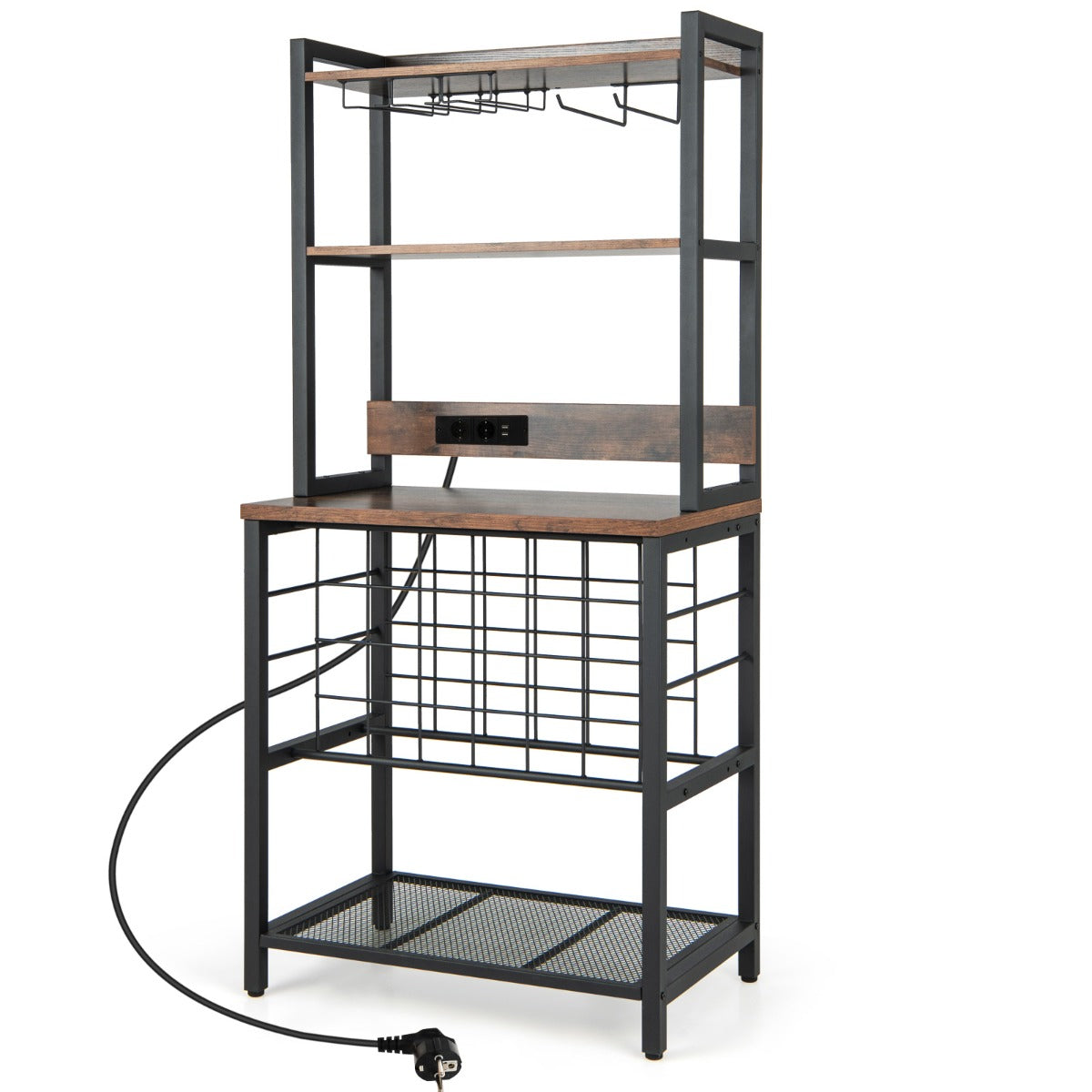 LIVSK Wijnkast met Stopcontacten - Voor 24 Flessen en 9 Glazen - Werkblad - Multifunctioneel - Stijlvol Design - Bruin