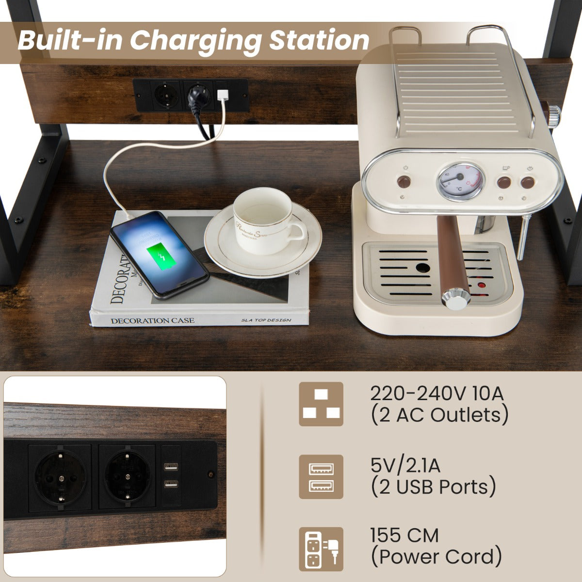 LIVSK Wijnkast met Stopcontacten - Voor 24 Flessen en 9 Glazen - Werkblad - Multifunctioneel - Stijlvol Design - Bruin