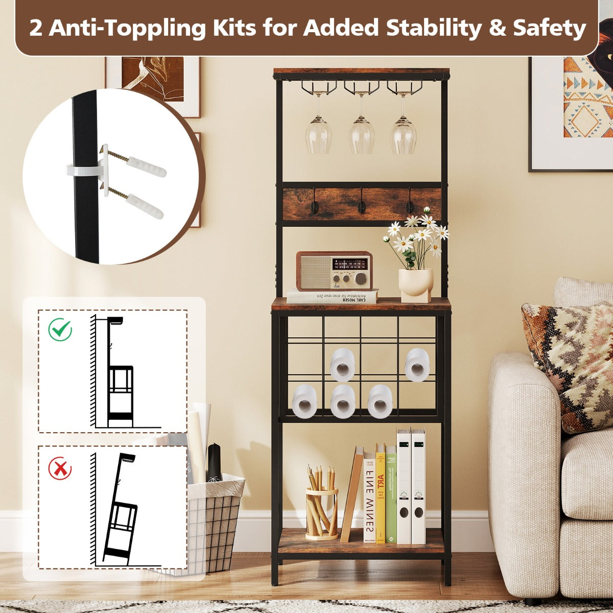 LIVSK Wijnrek met 12 Vakken en Glashouders - Ruim Werkblad en Haken - Robuust Metaal - Industriële Charme - 54 x 37 x 156 cm -