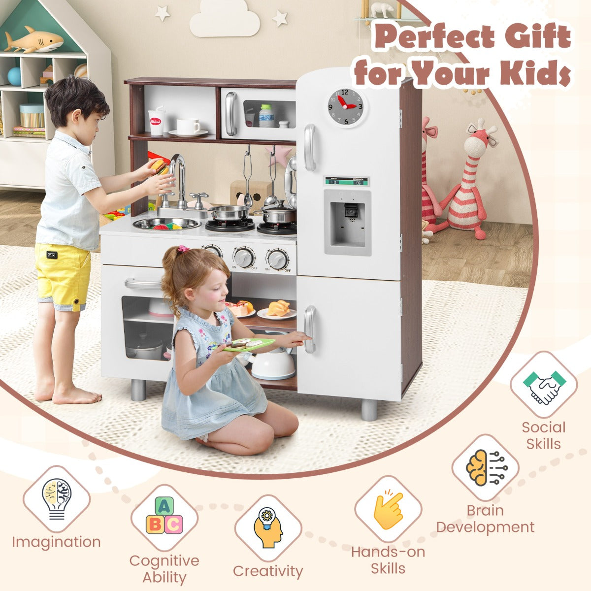 LIVSK Kinderkeuken Speelset - Magnetron, Oven, Ijsmaker - Realistische Geluidseffecten - Veilig Ontwerp - 73 x 29 x 81 cm - Wit