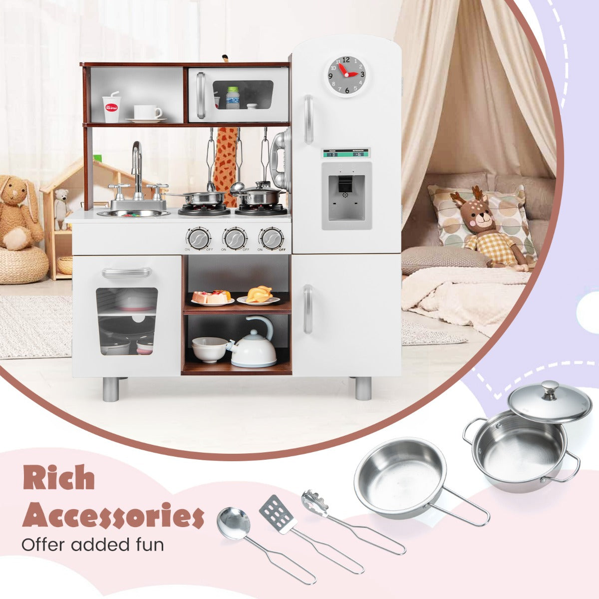 LIVSK Kinderkeuken Speelset - Magnetron, Oven, Ijsmaker - Realistische Geluidseffecten - Veilig Ontwerp - 73 x 29 x 81 cm - Wit