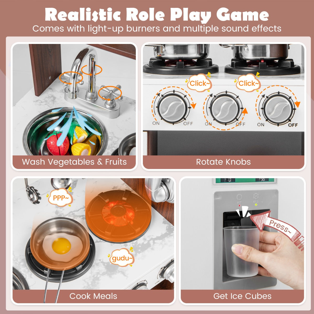 LIVSK Kinderkeuken Speelset - Magnetron, Oven, Ijsmaker - Realistische Geluidseffecten - Veilig Ontwerp - 73 x 29 x 81 cm - Wit