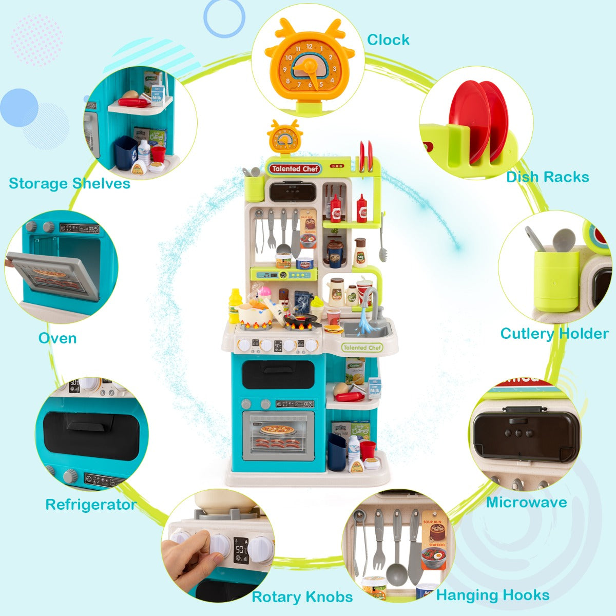 LIVSK Kinderspeelkeuken met Realistische Geluiden en Lichtjes - Magnetron, Koelkast, Oven - Inclusief Accessoires - Blauw