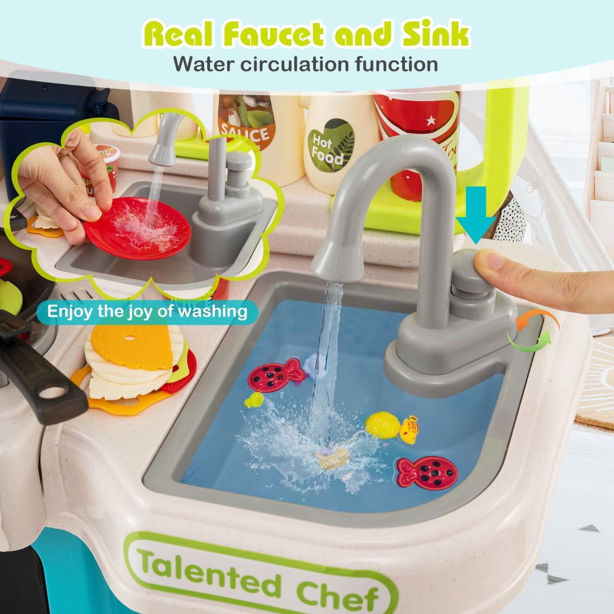 LIVSK Kinderspeelkeuken met Realistische Geluiden en Lichtjes - Magnetron, Koelkast, Oven - Inclusief Accessoires - Blauw