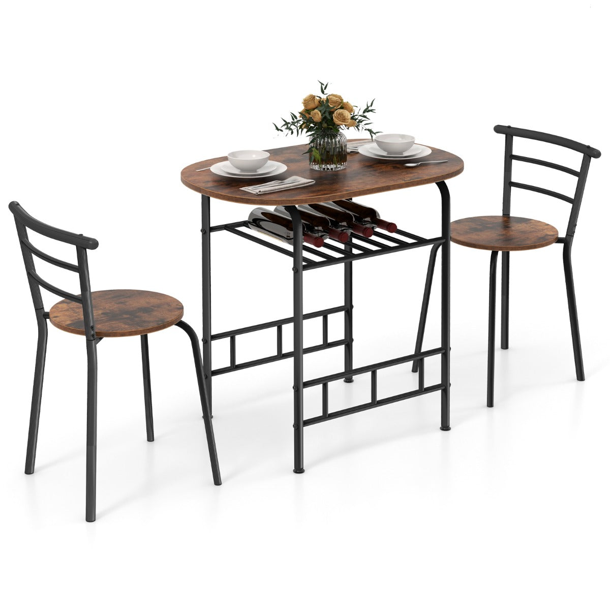 LIVSK Keukentafel en Stoelenset voor 2 Personen - Ovaal met Wijnrek voor 6 Flessen - Ergonomische Stoelen - Duurzaam MDF -