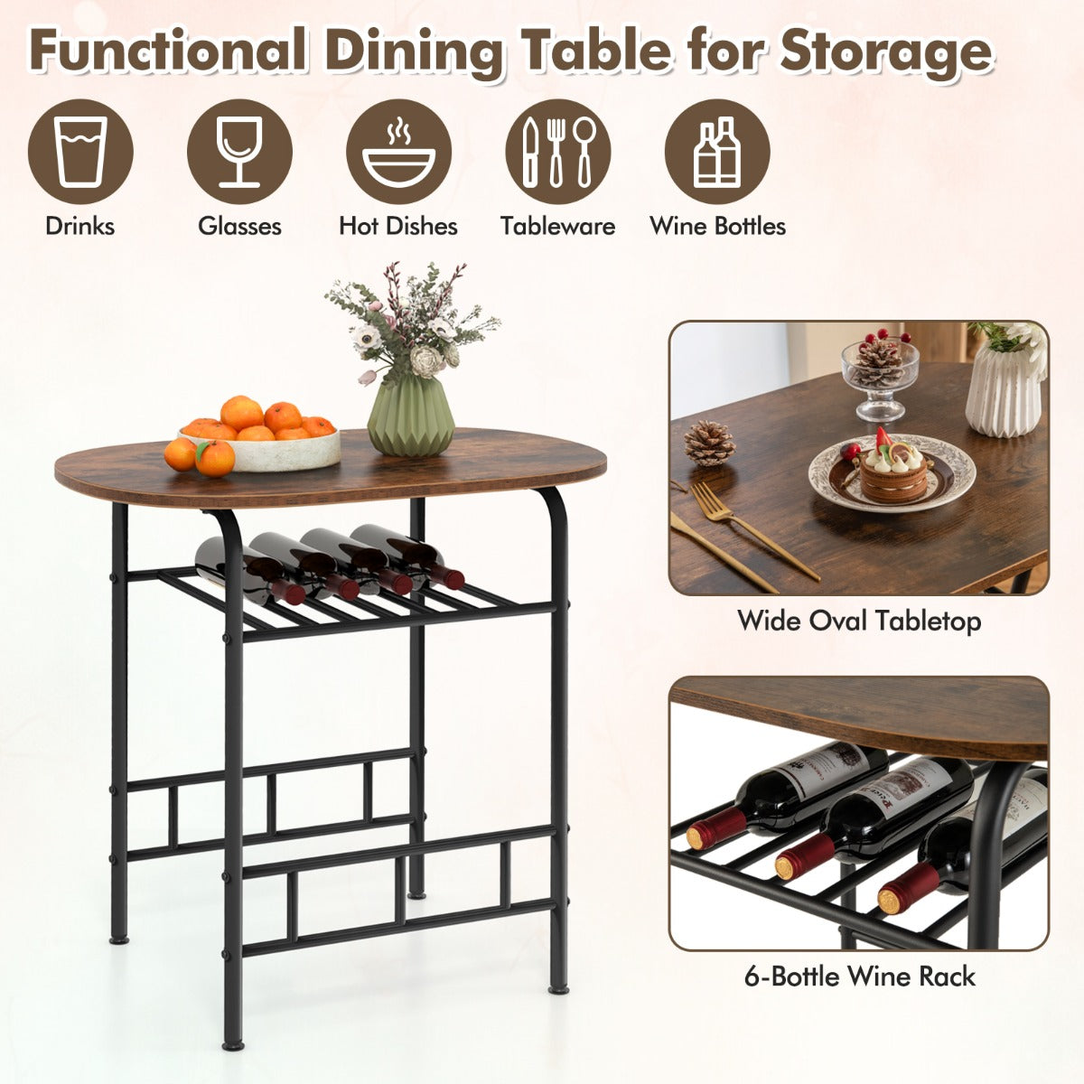 LIVSK Keukentafel en Stoelenset voor 2 Personen - Ovaal met Wijnrek voor 6 Flessen - Ergonomische Stoelen - Duurzaam MDF -