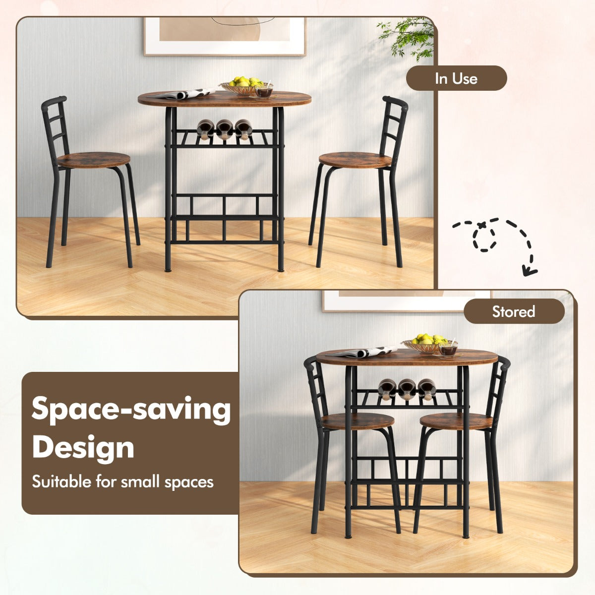 LIVSK Keukentafel en Stoelenset voor 2 Personen - Ovaal met Wijnrek voor 6 Flessen - Ergonomische Stoelen - Duurzaam MDF -
