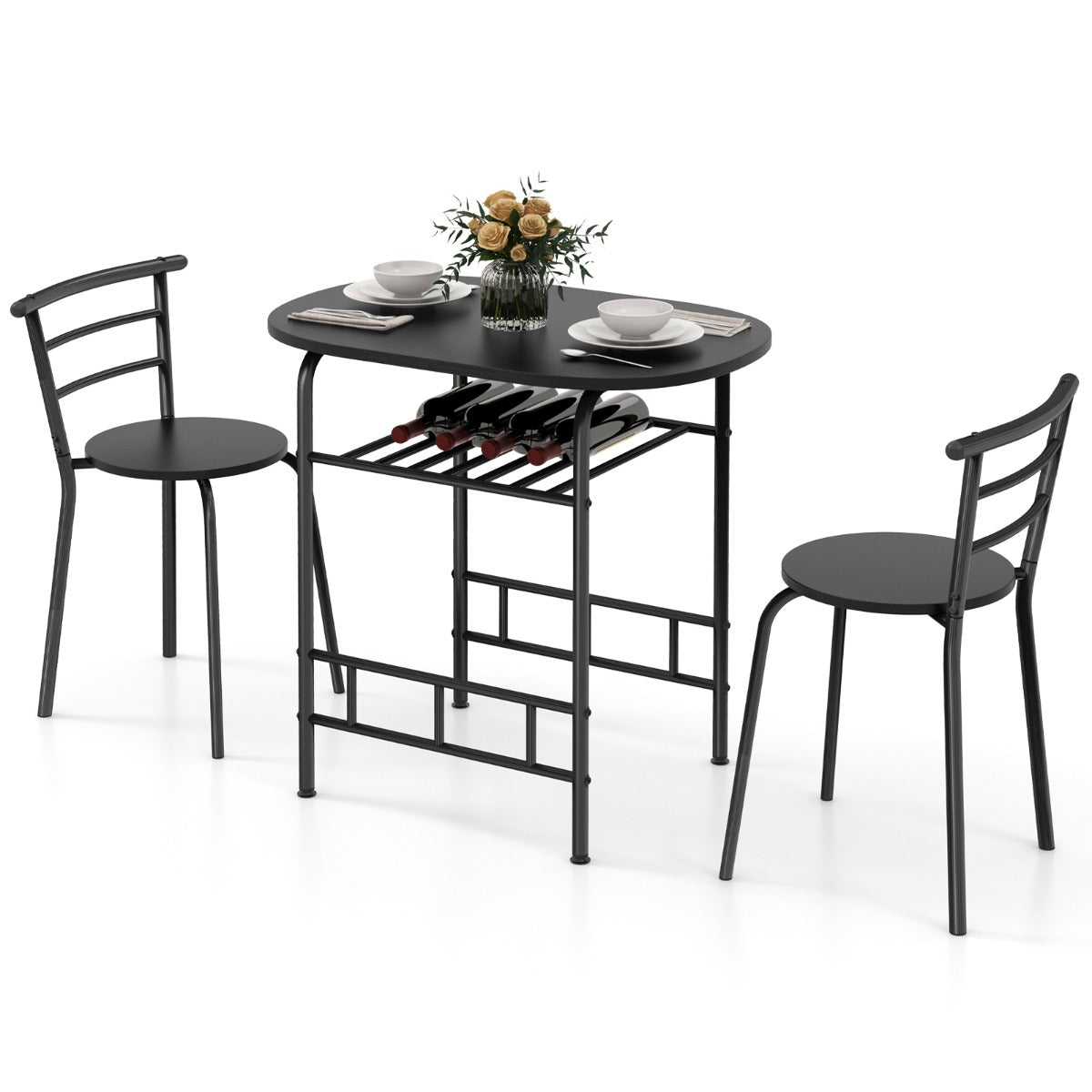 LIVSK Ovale Eettafel en Stoelenset - Wijnrek voor 6 flessen - Ergonomisch Comfort - Duurzaam MDF en Metaal - Rustiek bruin + zwart