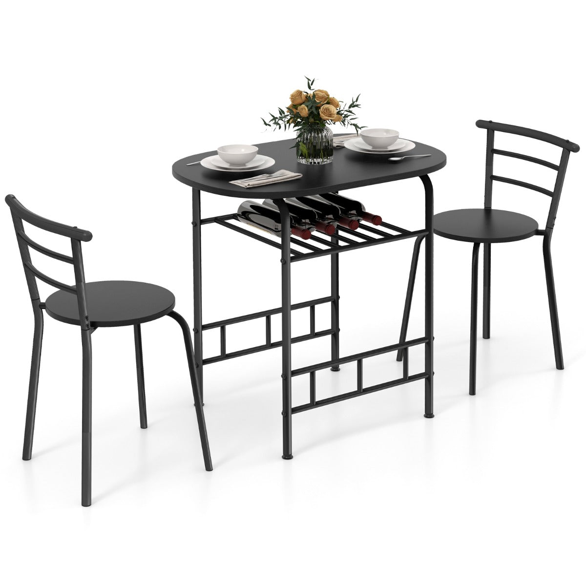 LIVSK Ovale Eettafel en Stoelenset - Wijnrek voor 6 flessen - Ergonomisch Comfort - Duurzaam MDF en Metaal - Rustiek bruin + zwart