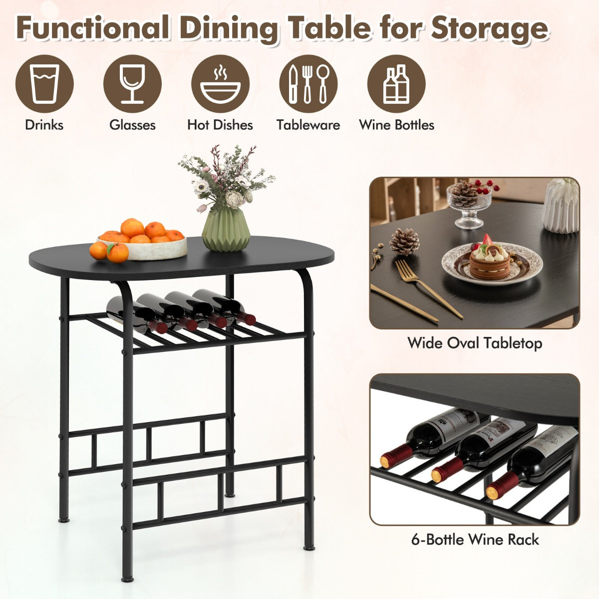 LIVSK Ovale Eettafel en Stoelenset - Wijnrek voor 6 flessen - Ergonomisch Comfort - Duurzaam MDF en Metaal - Rustiek bruin + zwart