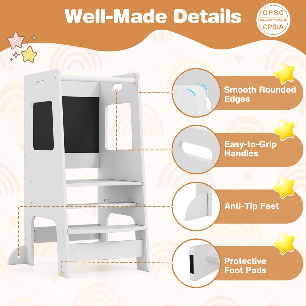 LIVSK Verstelbaar Keukentrapje met Schoolborden - Veiligheidsreling - Massief Hout - Draagvermogen tot 60 kg - Naturel/Wit