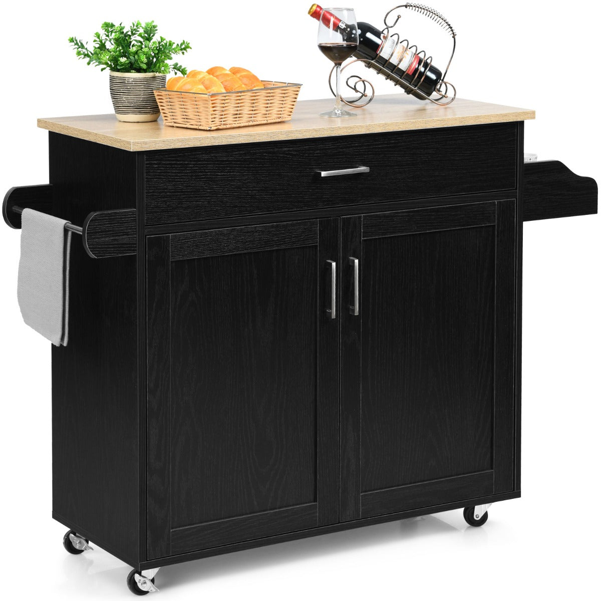 LIVSK Keukentrolley - Verstelbare Plank - Ruim Werkblad - Handdoekenrek - 116 x 40 x 85 cm - Zwart + Natuur