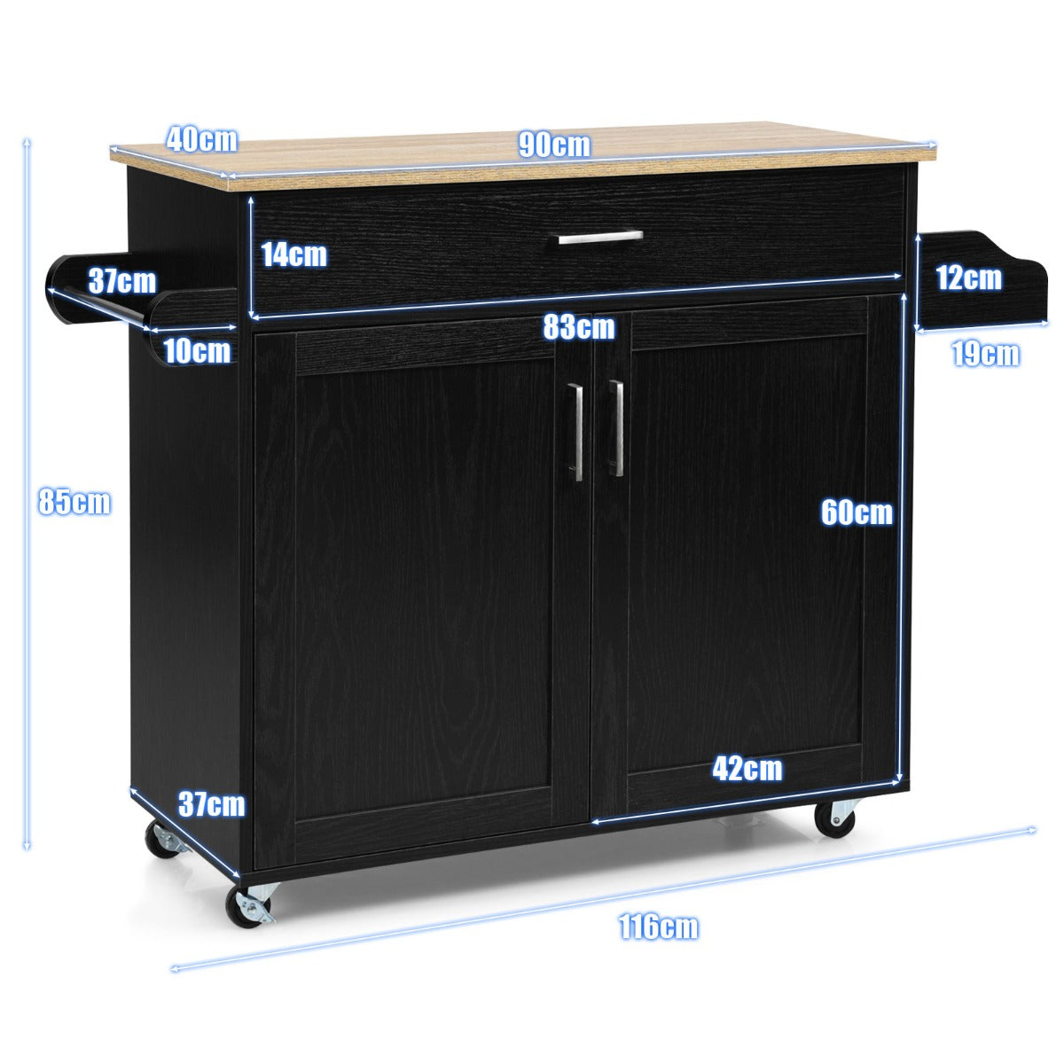 LIVSK Keukentrolley - Verstelbare Plank - Ruim Werkblad - Handdoekenrek - 116 x 40 x 85 cm - Zwart + Natuur