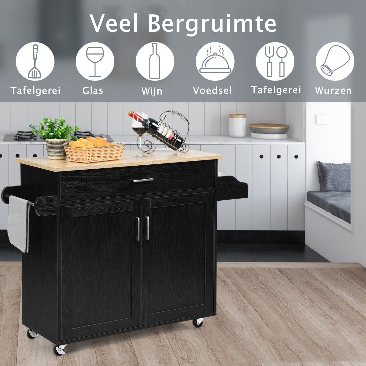 LIVSK Keukentrolley - Verstelbare Plank - Ruim Werkblad - Handdoekenrek - 116 x 40 x 85 cm - Zwart + Natuur