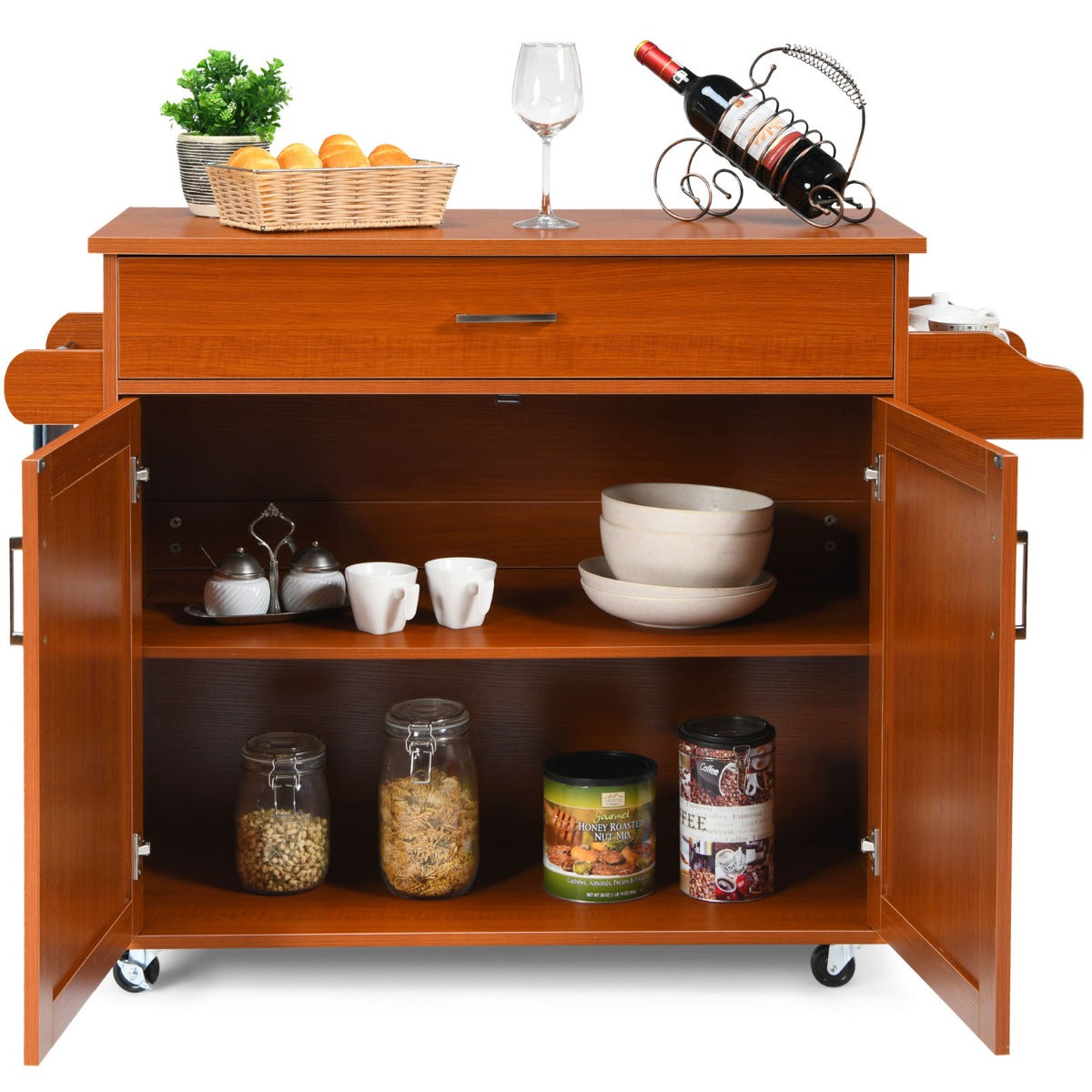 LIVSK Keukentrolley met Handdoekenrek en Kruidenrek - Ruim Werkblad - Verstelbare Plank - 4 Zwenkwielen - 116 x 40 x 85 cm - Bruin