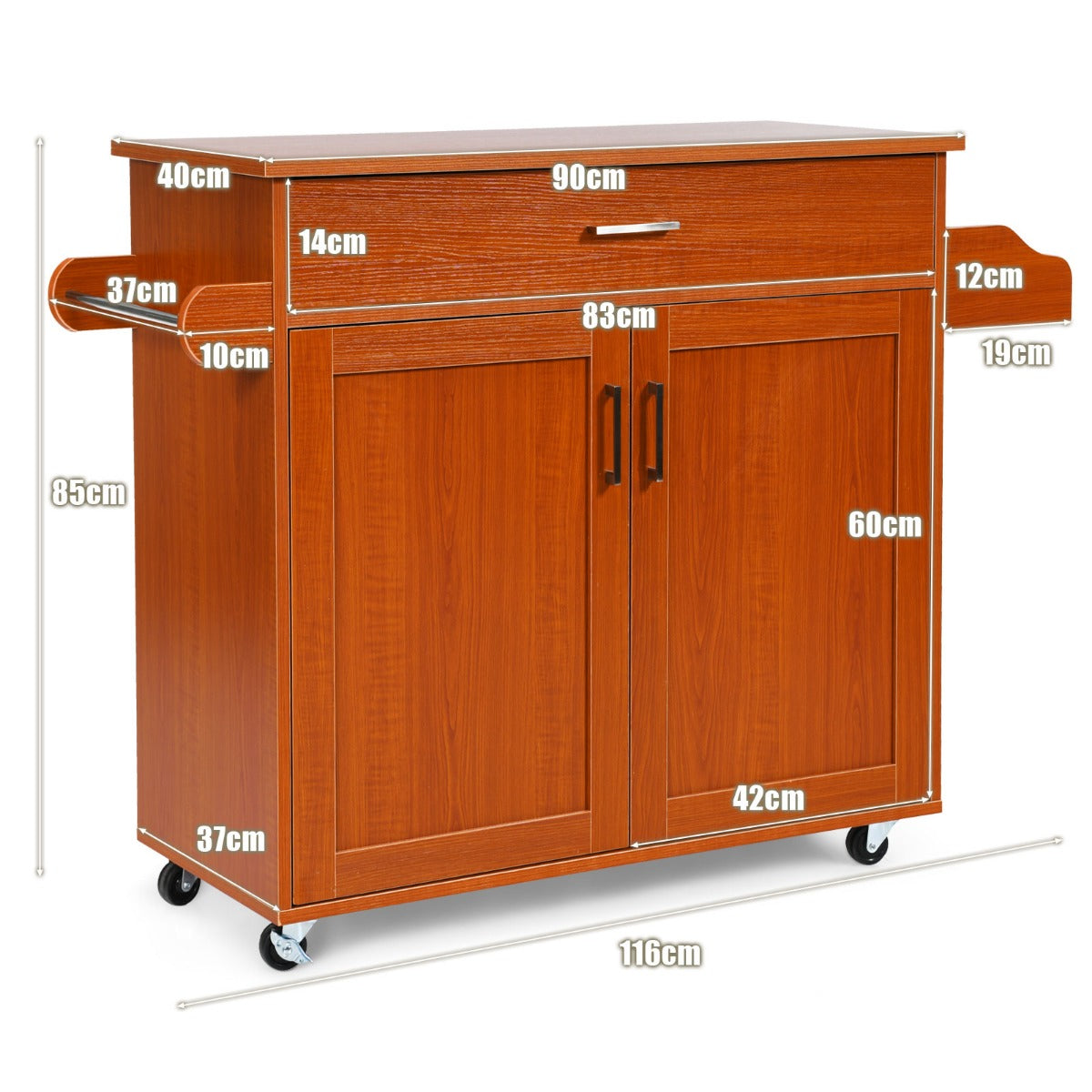 LIVSK Keukentrolley met Handdoekenrek en Kruidenrek - Ruim Werkblad - Verstelbare Plank - 4 Zwenkwielen - 116 x 40 x 85 cm - Bruin