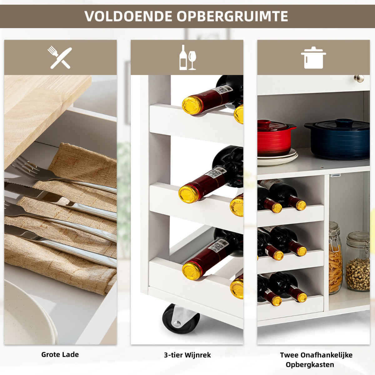 LIVSK Keukentrolley - MDF met Rubberhouten Bovenblad - Lades en Wijnrekken - 67 x 37 x 86 cm - Natuurlijke kleur + Wit