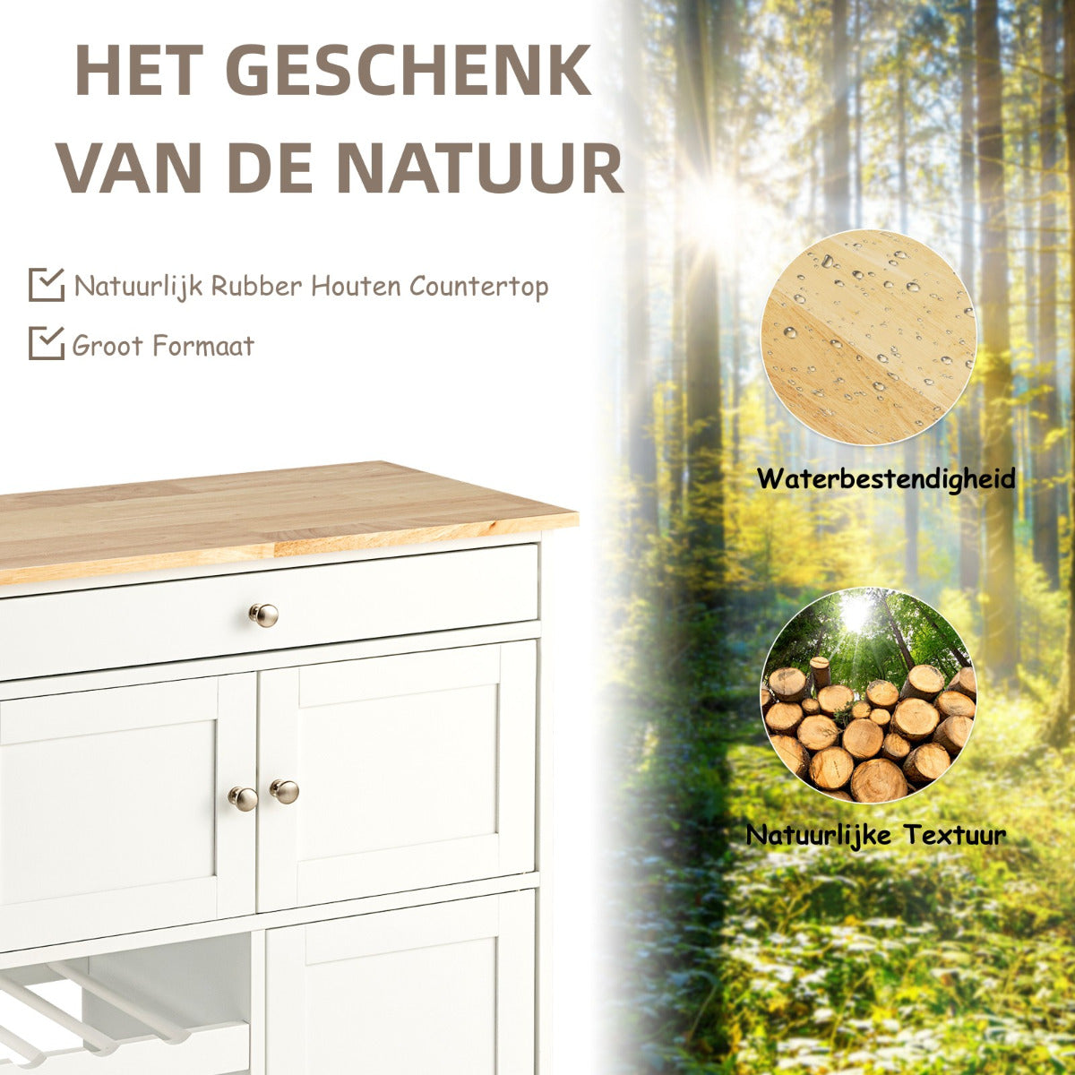 LIVSK Keukentrolley - MDF met Rubberhouten Bovenblad - Lades en Wijnrekken - 67 x 37 x 86 cm - Natuurlijke kleur + Wit