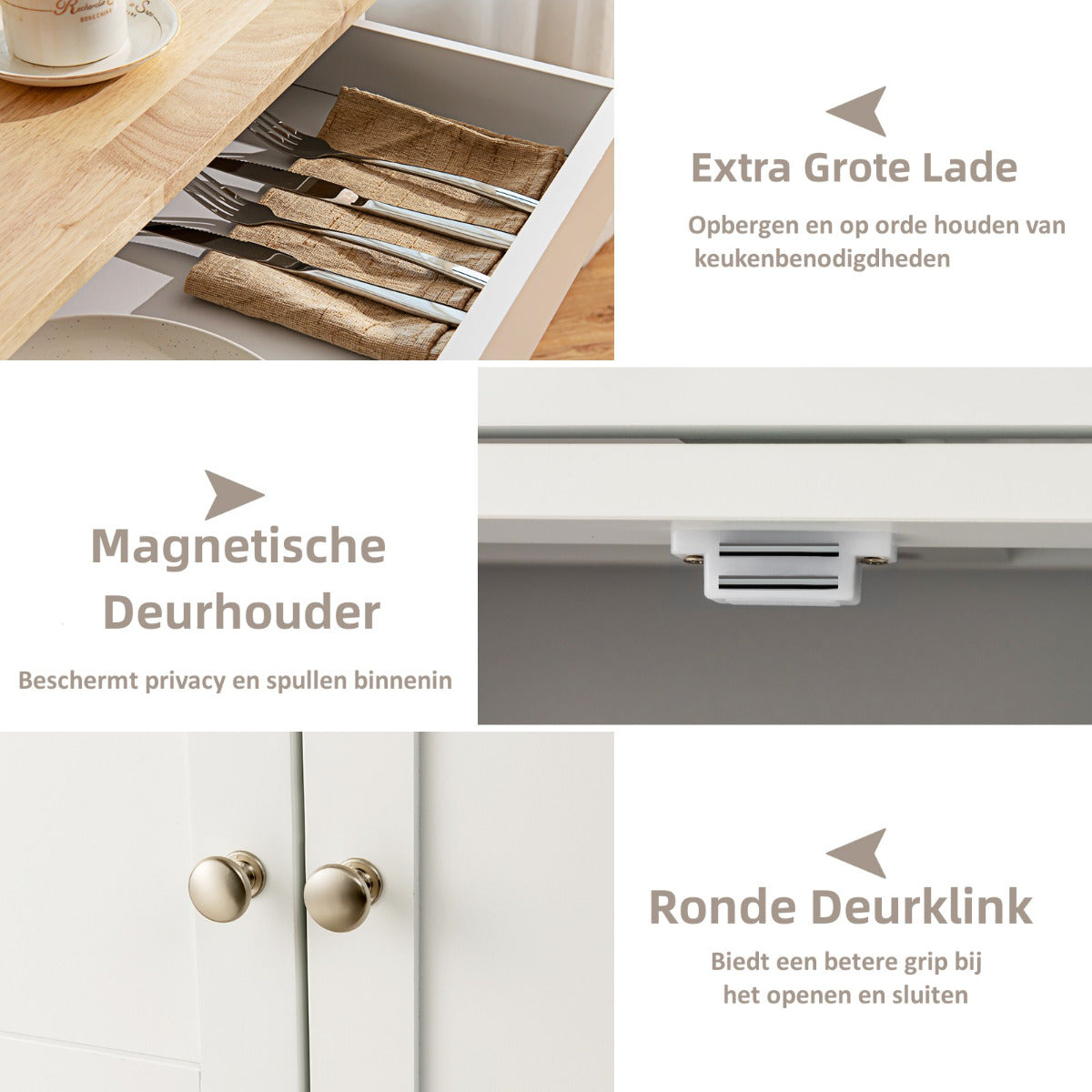 LIVSK Keukentrolley - MDF met Rubberhouten Bovenblad - Lades en Wijnrekken - 67 x 37 x 86 cm - Natuurlijke kleur + Wit