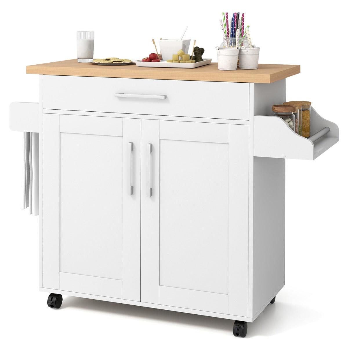LIVSK Keukentrolley met Werkblad - Mobiel en Verrijdbaar - 4 Wielen - 2 Kasten en Lade - 111 x 40 x 90 cm - Naturel + zwart