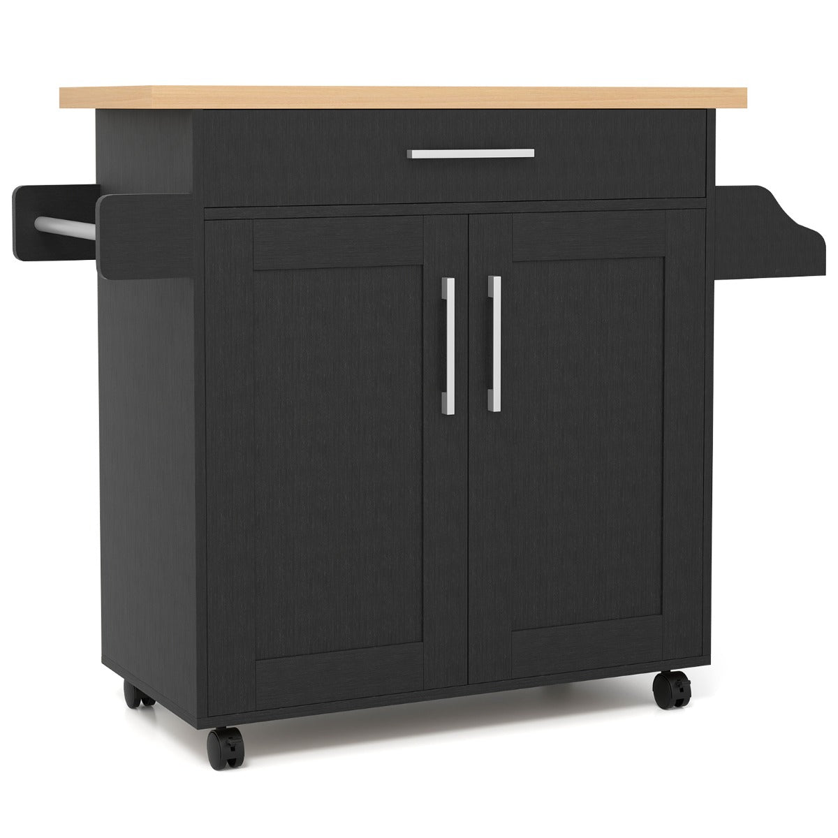 LIVSK Keukentrolley met Werkblad - Mobiel met 4 Wielen - Diepe Lade en 2 Kasten - Verstelbare Plank - Naturel + Zwart