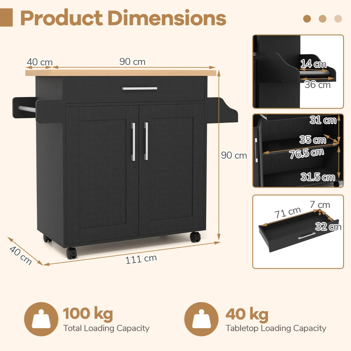 LIVSK Keukentrolley met Werkblad - Mobiel met 4 Wielen - Diepe Lade en 2 Kasten - Verstelbare Plank - Naturel + Zwart