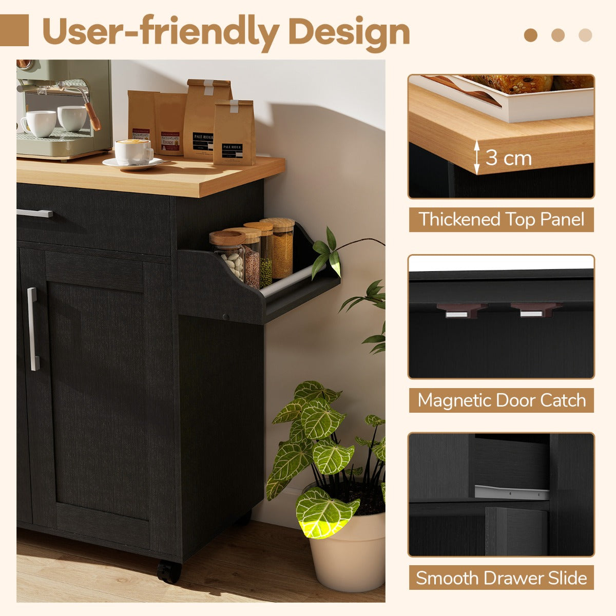 LIVSK Keukentrolley met Werkblad - Mobiel met 4 Wielen - Diepe Lade en 2 Kasten - Verstelbare Plank - Naturel + Zwart