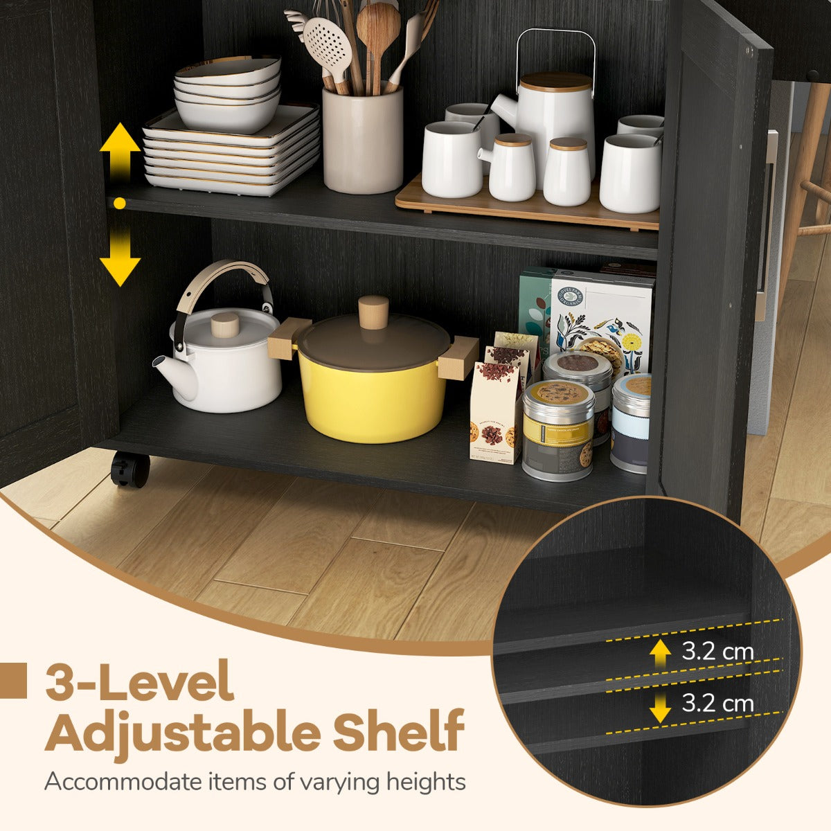 LIVSK Keukentrolley met Werkblad - Mobiel met 4 Wielen - Diepe Lade en 2 Kasten - Verstelbare Plank - Naturel + Zwart