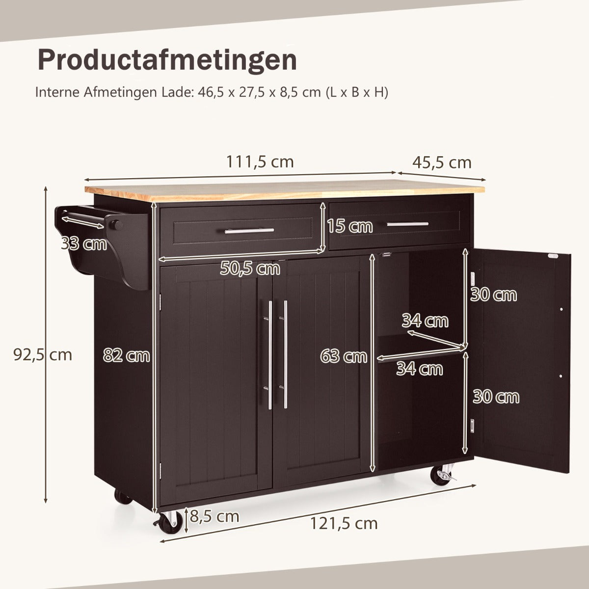 LIVSK Keukentrolley - Verstelbare Planken - 2 Lades en 2 Kasten - Rubberhout en MDF - Mobiliteit met Wieltjes - Bruin