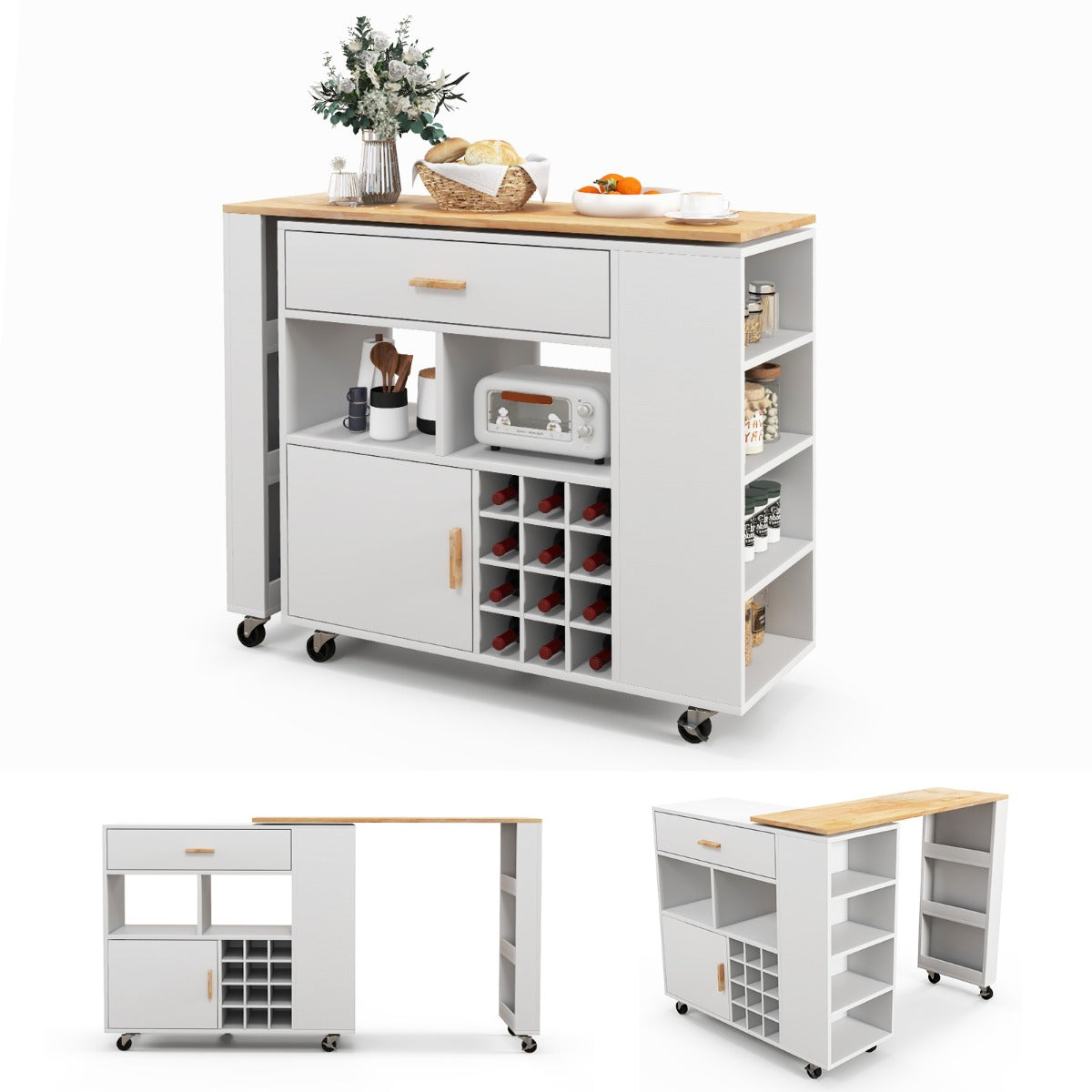 LIVSK 2-in-1 Keukenwagen en Bartafel - Werkblad van Rubberhout - Grote Lade en Open Planken - Vergrendelbare Wielen - Wit