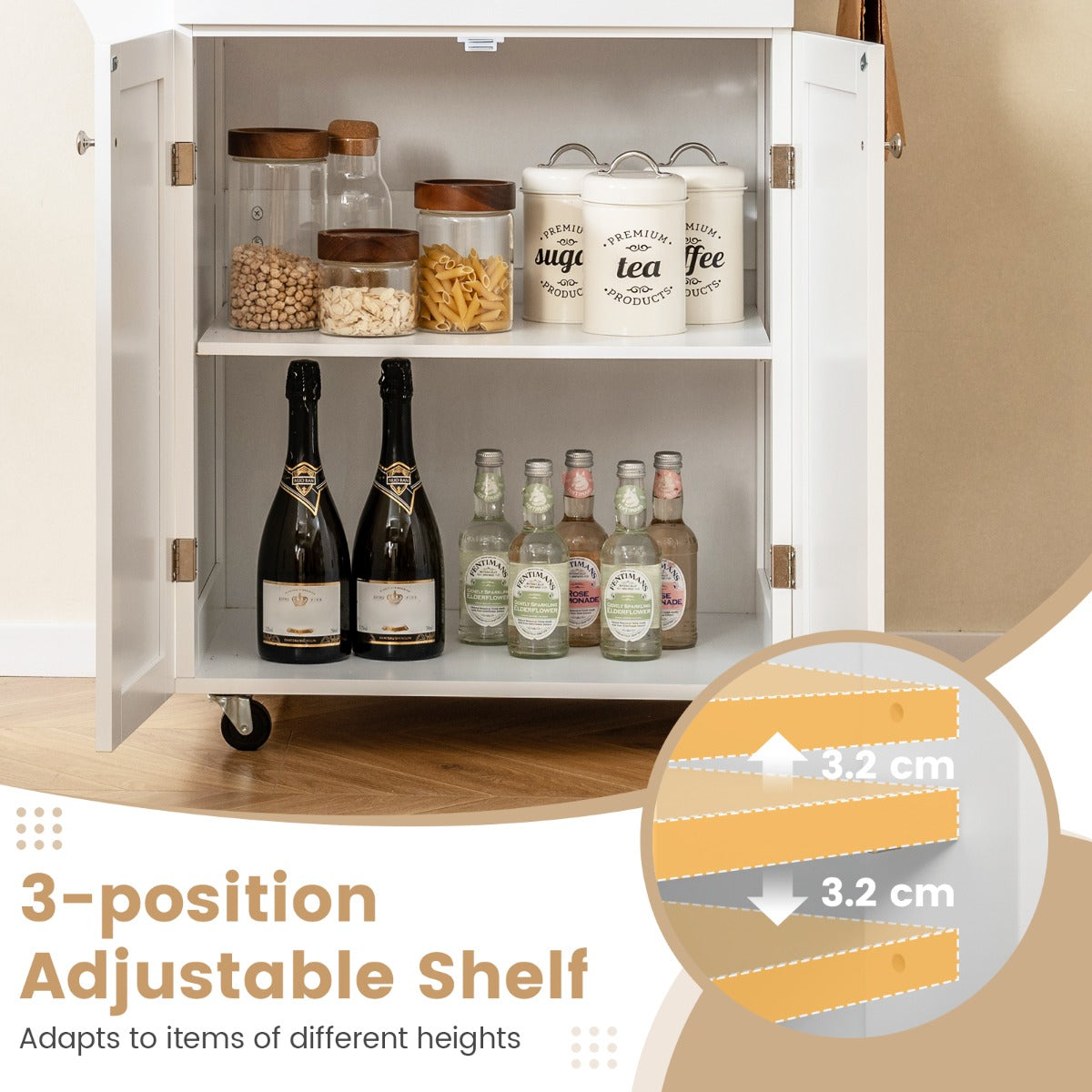 LIVSK Keukentafel op Wielen - Verstelbare Plank - Lade - Kast - Kruiden- en Handdoekhouders - 83 x 48 x 91 cm - Wit