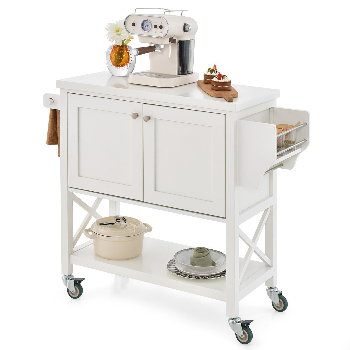 LIVSK Rollende Keukentrolley - Breed Aanrechtblad - Ruime Kast - Handdoekenrek en Kruidenrek - 100 x 38 x 87 cm - Wit