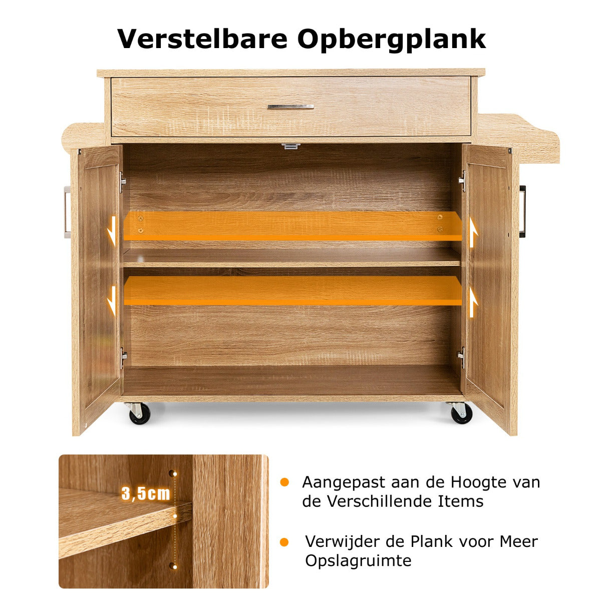 LIVSK Rollende Keukentrolley - Ruim Werkblad - Grote Lade - Handdoekenrek - Vergrendelbare Wielen - 116 x 40 x 85 cm - Natuur