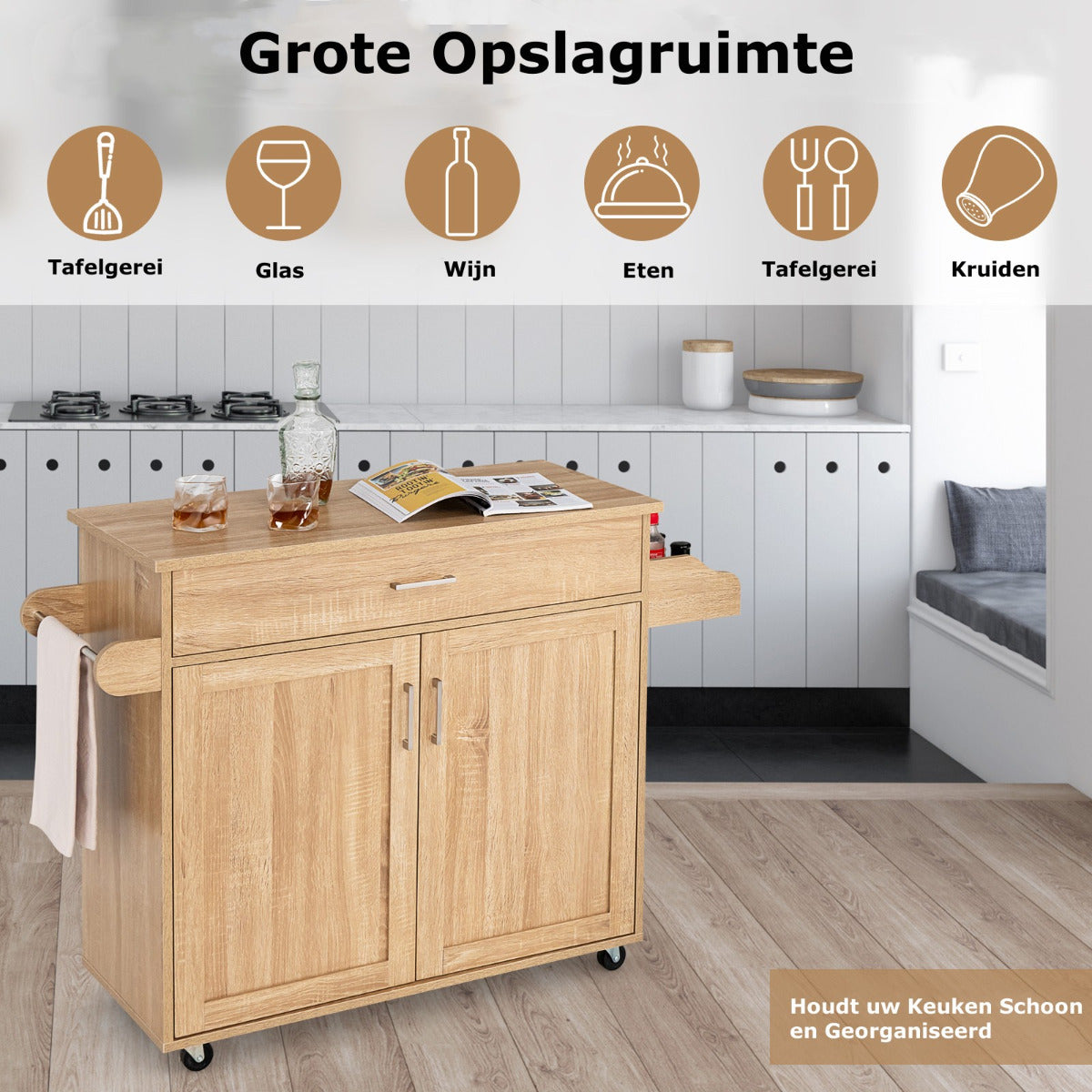 LIVSK Rollende Keukentrolley - Ruim Werkblad - Grote Lade - Handdoekenrek - Vergrendelbare Wielen - 116 x 40 x 85 cm - Natuur