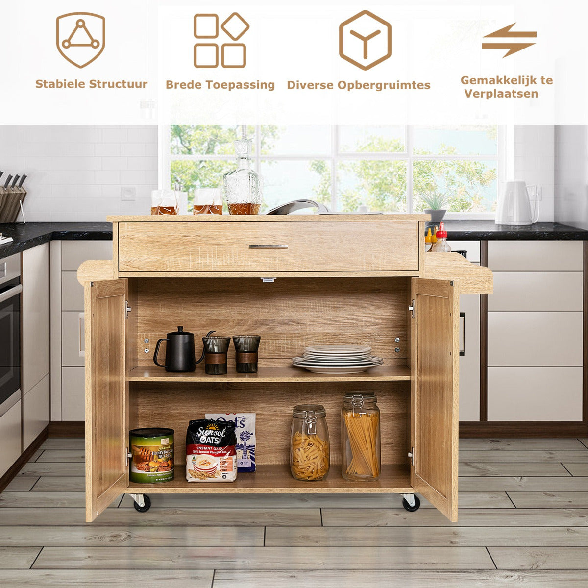 LIVSK Rollende Keukentrolley - Ruim Werkblad - Grote Lade - Handdoekenrek - Vergrendelbare Wielen - 116 x 40 x 85 cm - Natuur