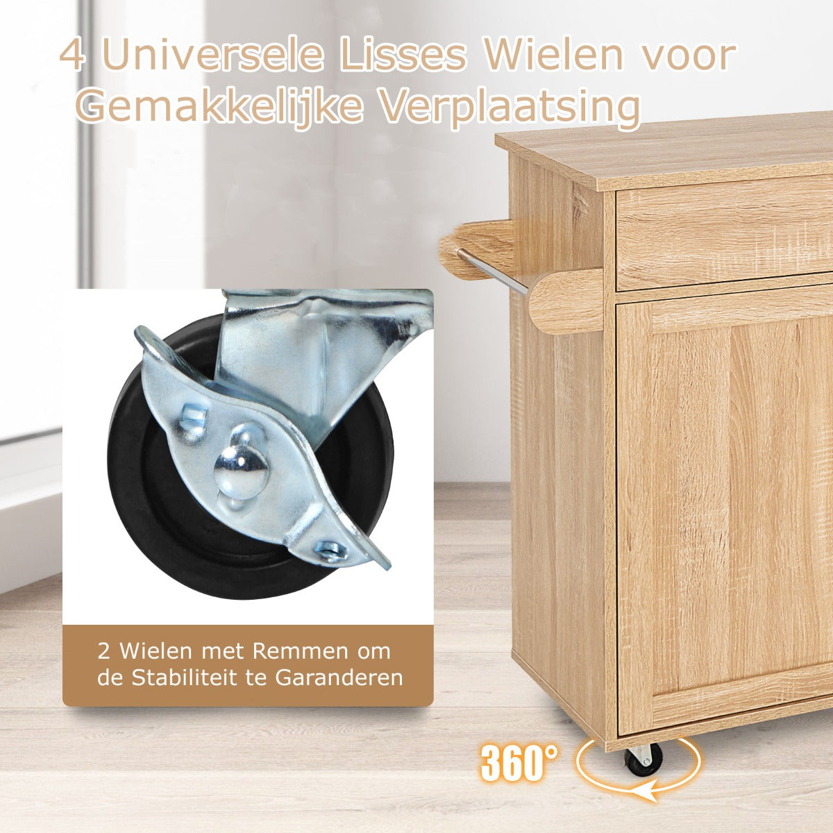 LIVSK Rollende Keukentrolley - Ruim Werkblad - Grote Lade - Handdoekenrek - Vergrendelbare Wielen - 116 x 40 x 85 cm - Natuur