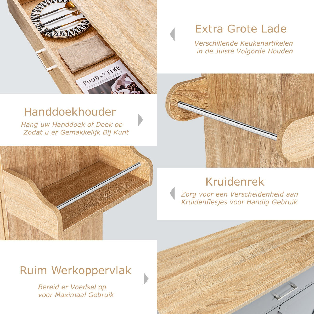 LIVSK Rollende Keukentrolley - Ruim Werkblad - Grote Lade - Handdoekenrek - Vergrendelbare Wielen - 116 x 40 x 85 cm - Natuur