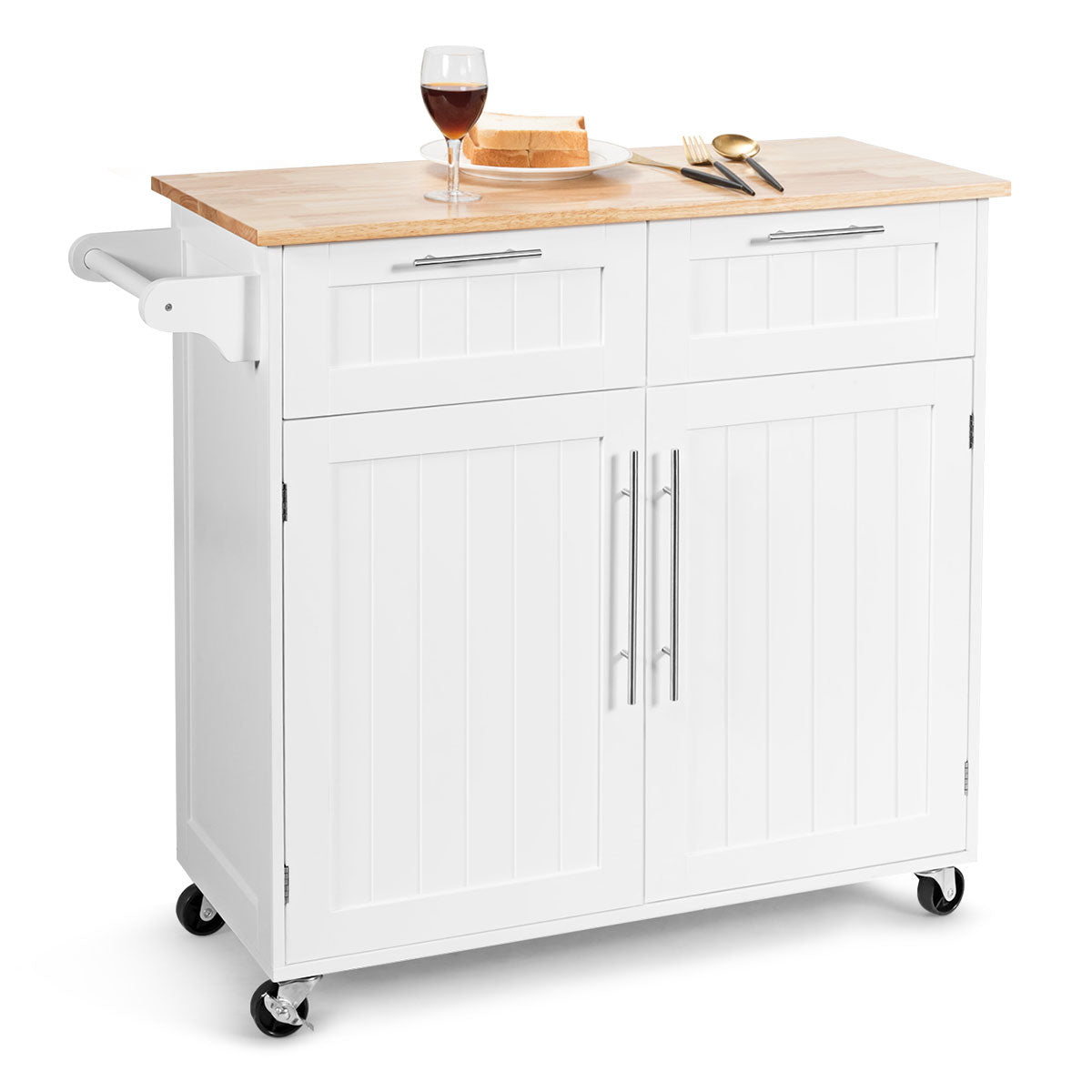 LIVSK Keukentrolley - Duurzaam Rubberhout - 2 Laden 2 Kasten - Handdoekhouder - 4 Wielen - 94 x 45.5 x 94.5 cm - Wit